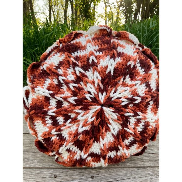 Vintage Brown and White Variegated Crochet Round Accent Pillow Hippy Boho - Picture 8 of 11